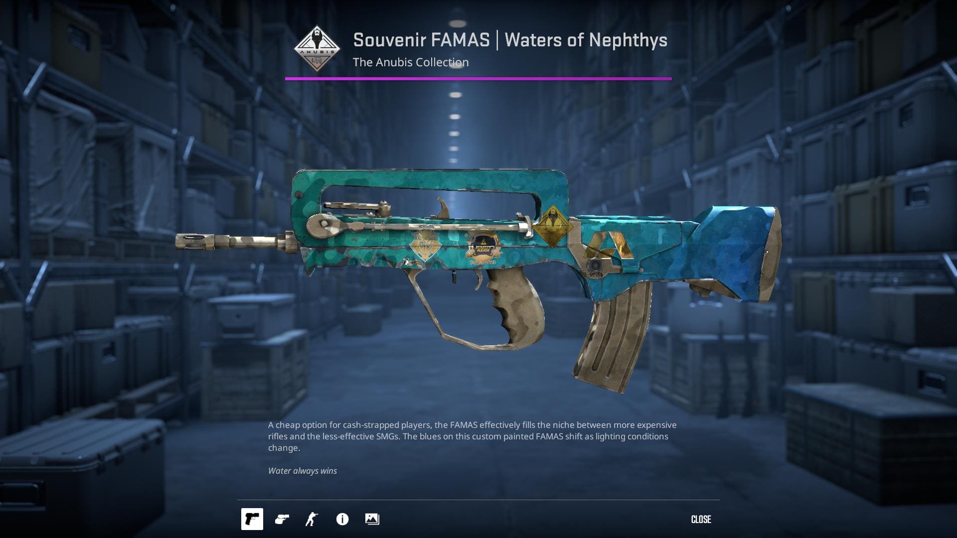 An image of the Waters of Nephthys skin for the FAMAS rifle in Counter-Strike 2, showcasing a custom-painted blue design with gold accents that shift with lighting conditions.