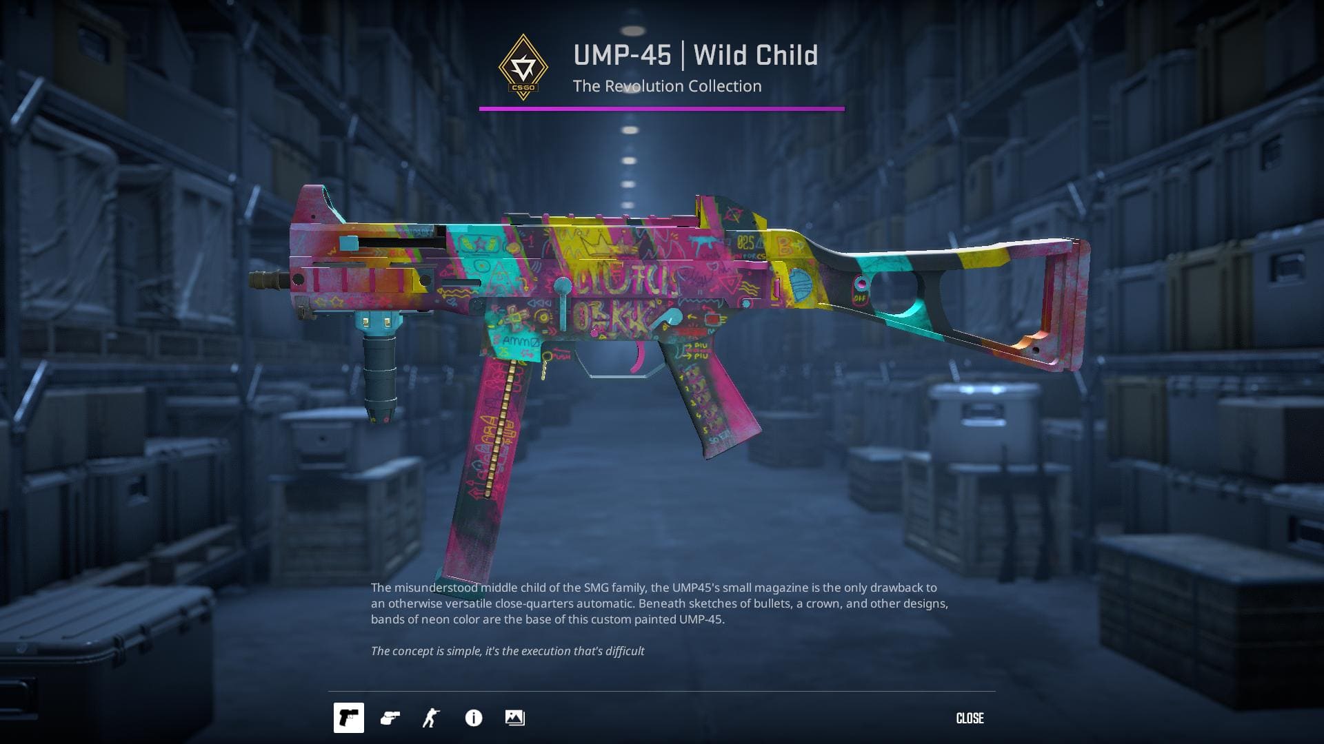 A vibrant, neon-colored UMP-45 submachine gun skin from Counter-Strike 2, featuring a mix of bright colors and intricate designs, including sketches of bullets and a crown.