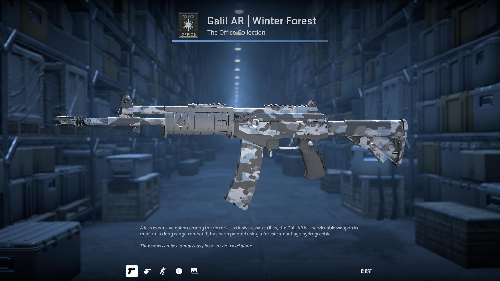 A high-definition image of the Galil AR Winter Forest skin from Counter-Strike 2, featuring a forest camouflage hydrographic design.