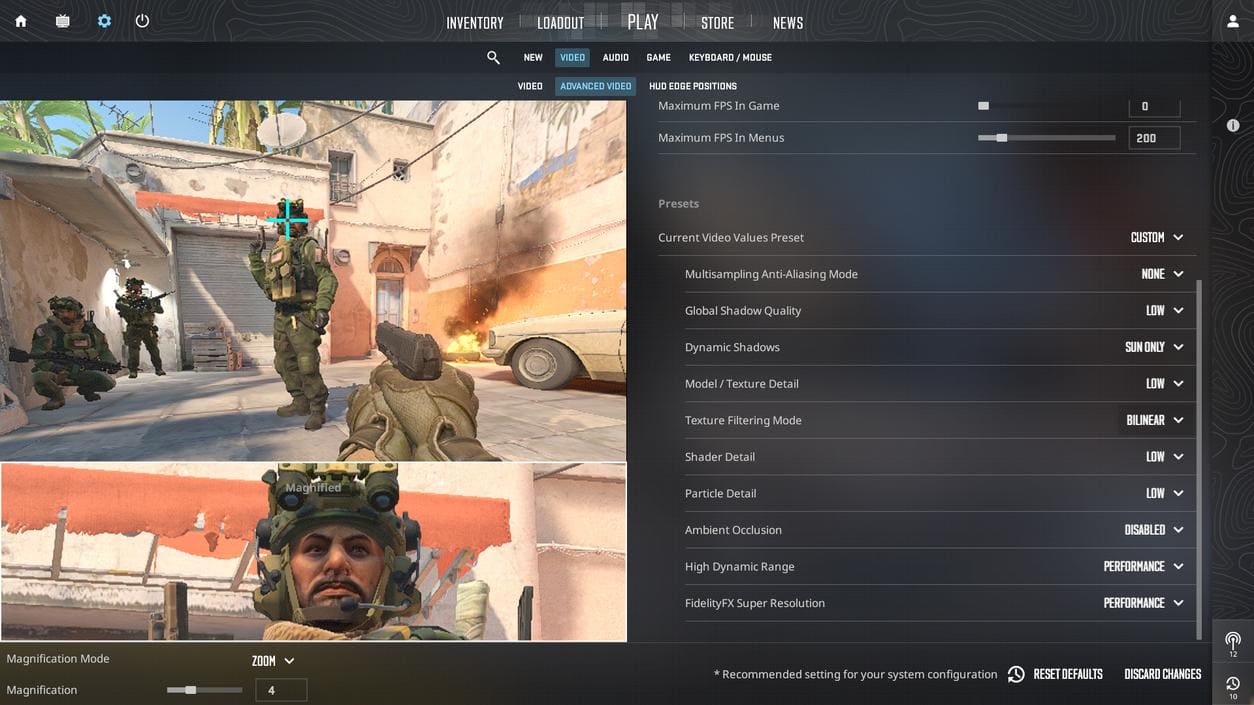 In-game settings menu for Counter-Strike 2 showing video and advanced video options, with a gameplay scene in the background.