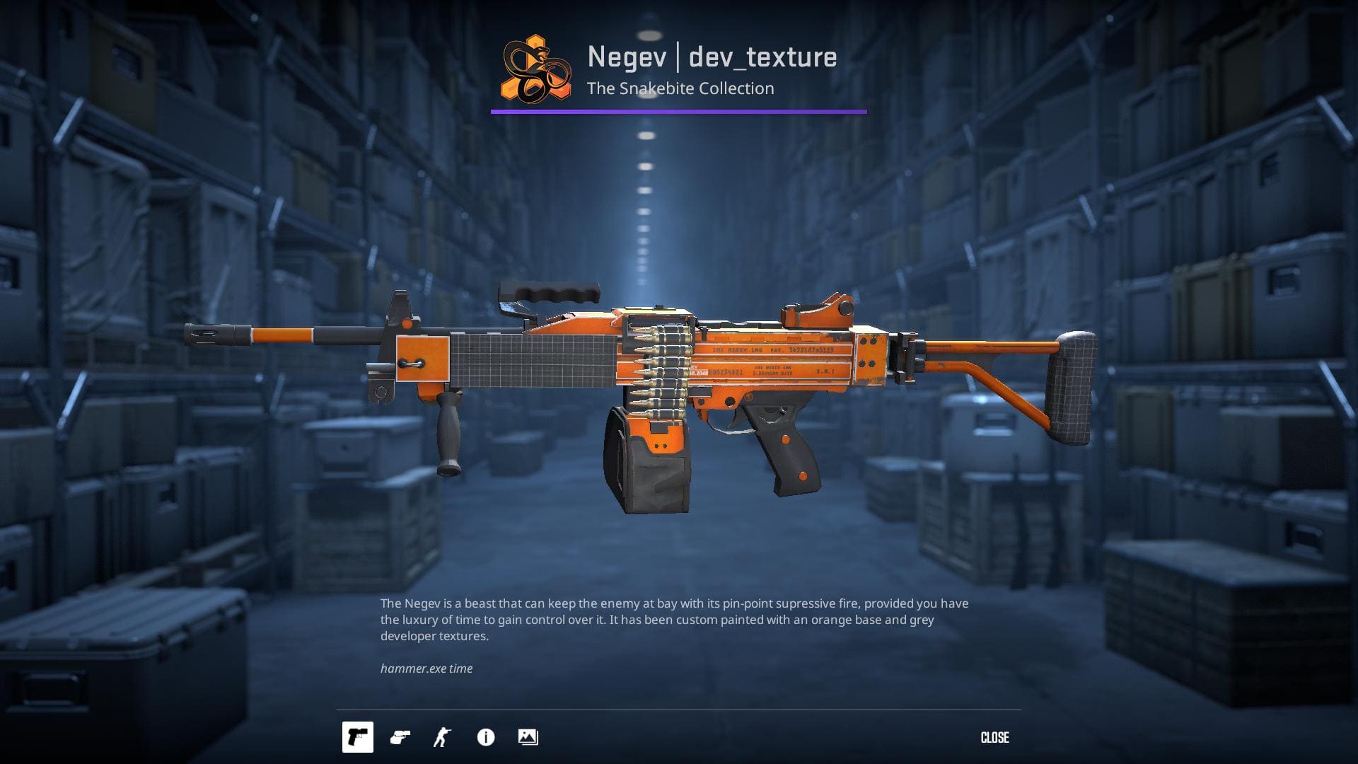 Negev dev_texture skin from the Snakebite Collection, showcasing an orange base with grey developer textures.