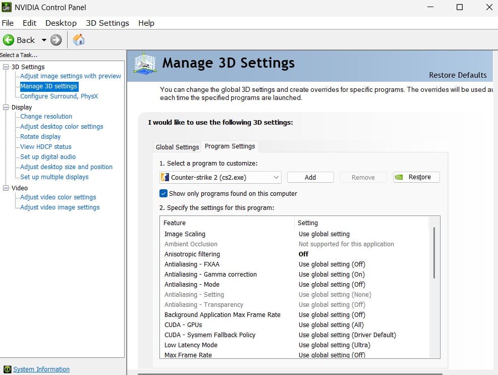 NVIDIA Control Panel showing the "Manage 3D Settings" screen with a program-specific configuration for Counter-Strike 2.