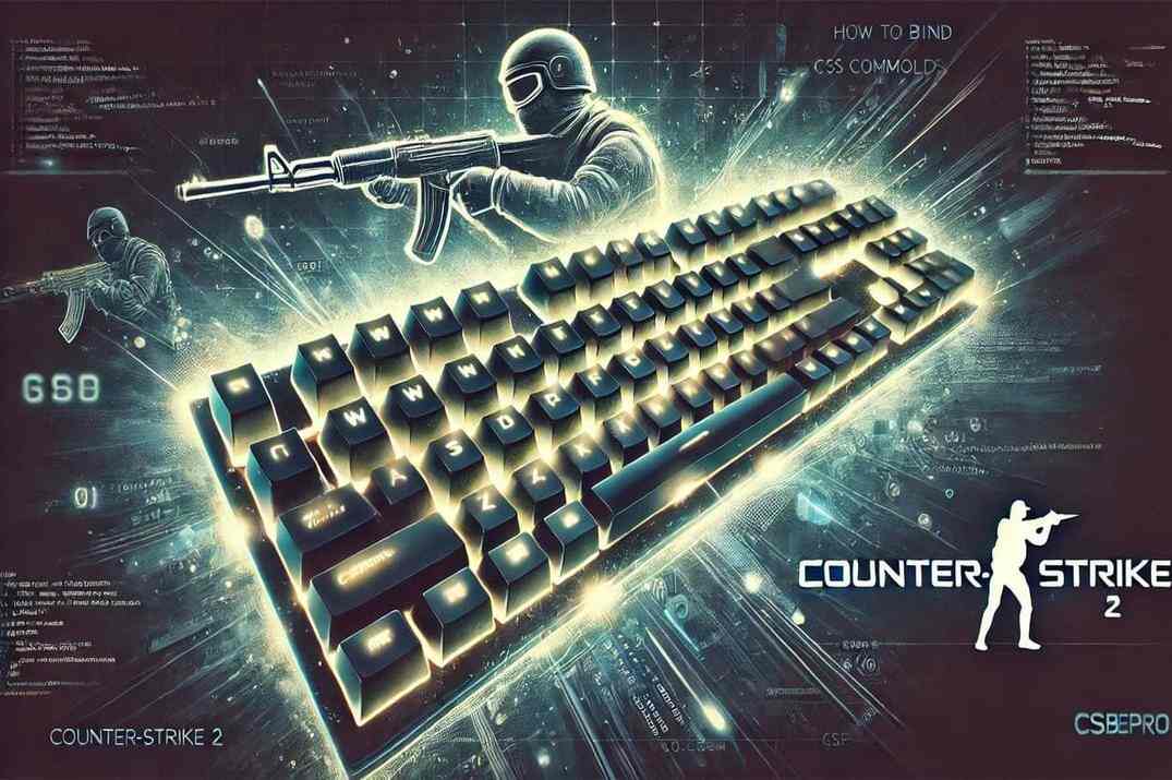 A glowing keyboard with highlighted keys, virtual code lines, and the Counter-Strike 2 logo, showcasing a gaming-themed design for binding console commands