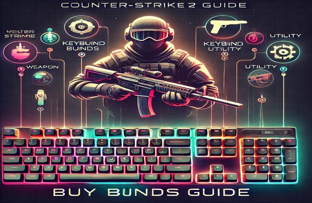 A graphic for "Counter-Strike 2 Buy Binds Guide," with a CS2 player holding a rifle and glowing weapon icons.