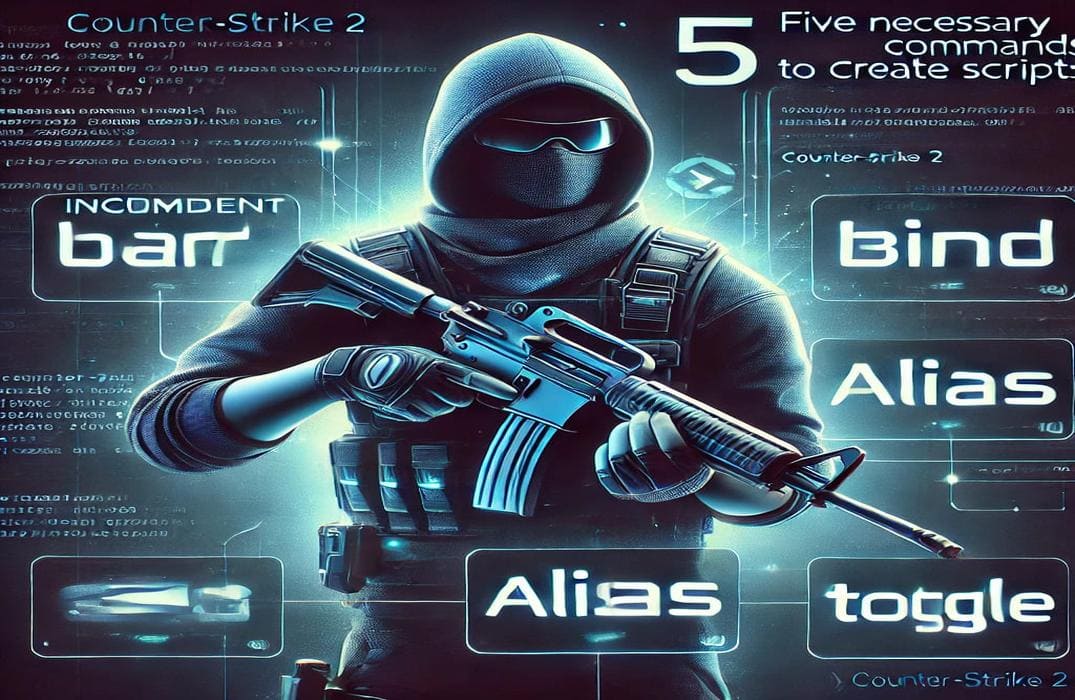 A graphic for "Counter-Strike 2 Five Necessary Commands To Create Scripts," featuring glowing command icons like Bind and Alias with a CS2 player.