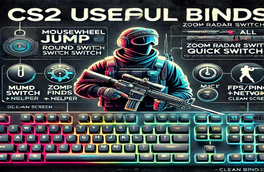 A sleek gaming-themed graphic for "CS2 Useful Binds," featuring a glowing keyboard and mouse with bind icons like grenades, bombs, and FPS stats.