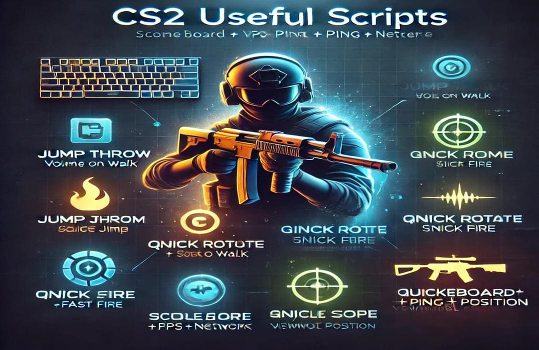 A gaming-themed graphic for "CS2 Useful Scripts," featuring a Counter-Strike 2 player and script names like Quick Rotate and Jump Throw.