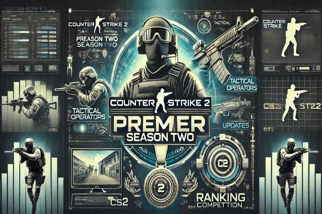 A dynamic Counter-Strike 2 banner showcasing Premier Season Two with tactical operators, a ranking medal, and a futuristic gaming atmosphere. The title 'Counter-Strike 2 Premier Season Two' is displayed in bold, modern typography