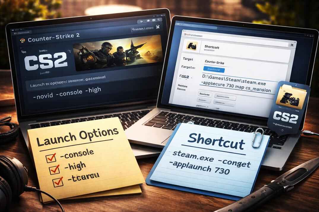 The title image showing two laptops on a desk comparing CS2 launch options and a Steam shortcut setup for Counter-Strike 2