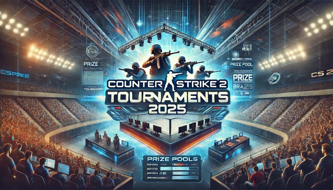 A high-energy banner for 'Counter-Strike 2 Tournaments 2025', featuring a packed esports stadium, pro players in action, digital overlays of prize pools and tournament brackets, and the bold title 'Counter-Strike 2 Tournaments 2025' in a modern gaming aesthetic.