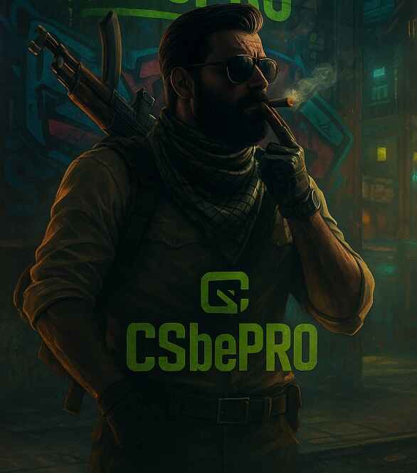 Bearded futuristic soldier in tactical gear standing against a sci-fi cityscape with graffiti "CSbePRO" in the background.