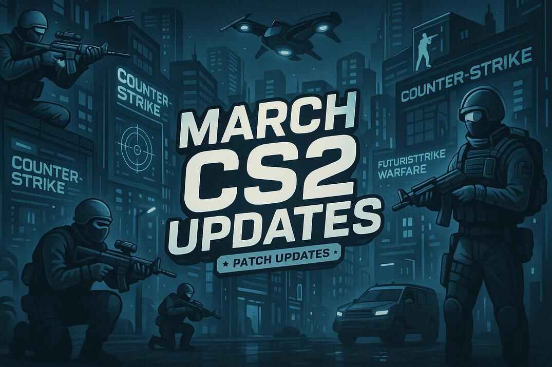 Futuristic cityscape with tactical CS2 operators in a neon-lit urban environment, showcasing March CS2 Updates.