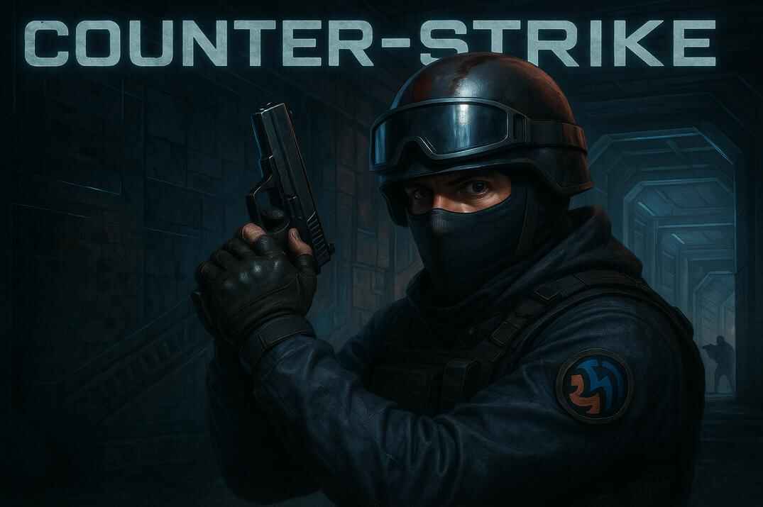 Realistic counter-terrorist soldier in dark gear aiming a pistol inside a futuristic corridor