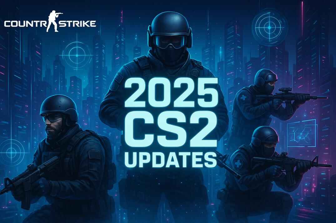 Futuristic city backdrop with Counter-Strike 2 operators in tactical gear surrounding glowing “2025 CS2 UPDATES” text, lit by neon blue and pink cyberpunk effects