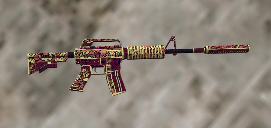 M4A1 Chantico’s Fire skin in Counter-Strike 1.6 with red and gold Aztec-style patterns.