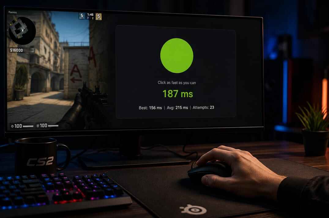 Realistic gaming desk with a hand on a mouse, showing a CS2 reaction test with a green signal and reaction time in milliseconds
